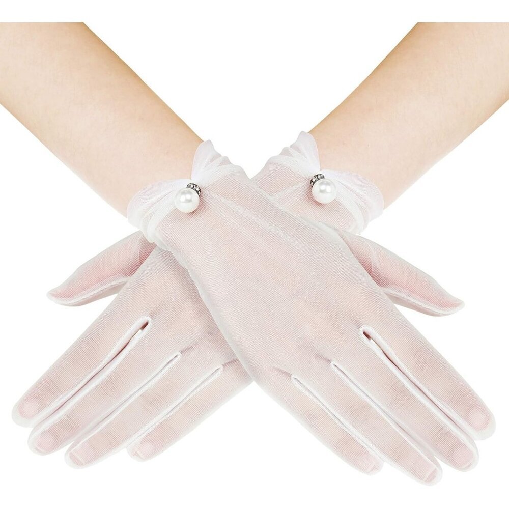 Women's White Banquet Tulle Short Lace Gloves Summer Party Wedding Dancing Prom